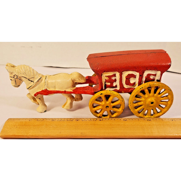 Vintage Mini Cast Iron White Horse Drawn Red Ice Cart 7" Buggy Wagon Farmhouse - Picture 1 of 12